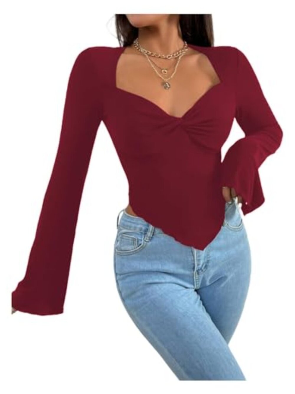 Viscose Blend Long Bell Sleeve Twist Front Crop Top Asymmetrical Hem